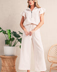 Textured Ruffle Sleeve Zipped Top and Wide Leg Pants Set