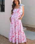 Floral Knotted Shoulder Smocked Maxi Dress