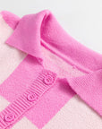Checker Half Buttoned Collar Drop Shoulder Sweater