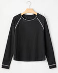 Solid Waffle Knit Round Neck Long Sleeve Top