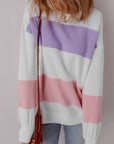 Beige Colorblock Patchwork Drop Shoulder Crewneck Sweatshirt