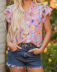 Floral Flutter Sleeve V-Neck Top
