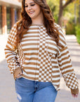 Khaki Striped Checkered Mixed Print Chest Pocket Casual Plus Size Top