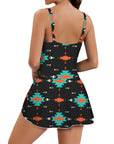 Turquoise Orange Aztec Skirted Swimsuit