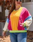 Rose Red Plus Size Colorblock Patchwork Exposed Seam Sweatshirt