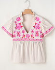 Jaliyah Floral Embroidered Notched V Neck Blouse