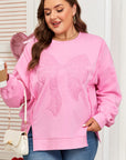 Pink Big Bow Lace Embroidered Dolman Sleeve Slit Plus Size Sweatshirt