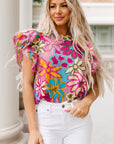 Chelsea Floral Print Trimmed Ruffle Sleeve Blouse