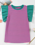 Adrianna Stripe Ruffled Sleeve Crew Neck Blouse