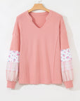 Plus Size Floral Patchwork Sleeve Waffle Knit Top