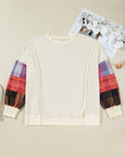 Plus Size Plaid Patchwork Long Sleeve Exposed Seam Top