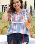 ARIYA STRIPE GEO PATTERN EMBROIDERED TASSEL FLUTTER Plus BLOUSE