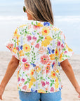 Liberty Floral Boxy Fit Ruffled Short Sleeve V Neck Blouse