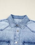 Solid Denim Chest Pocket Raw Hem Shirt Dress