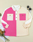 Colorblock Collared Ribbed Patchwork Pocketed Sweatshirt