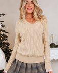 Pearl Beaded Pointelle Knit V-Neck Lace Trim Sweater