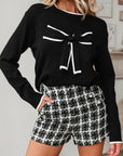 Bow Contrast Trim Long Sleeve Cropped Christmas Sweater