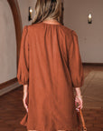 Corduroy Pleated Scallop Neck 3/4 Sleeve Mini Dress