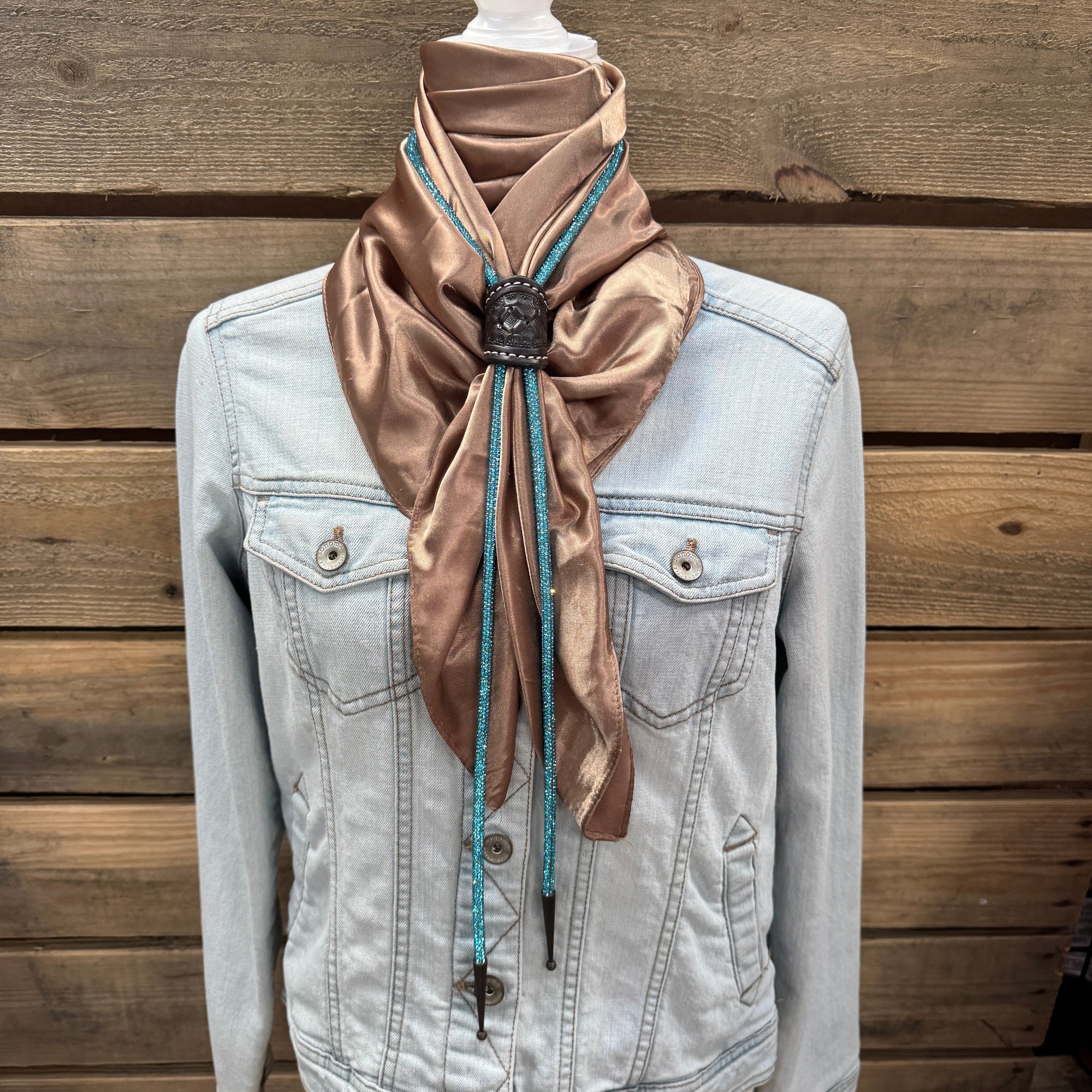 35X35" Solid Tan Wild Rag / Scarf - Leather Slide and Bolo Tie