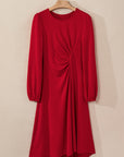 Solid Ruched Long Sleeve Midi Dress