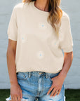 Dulce Flower Pattern Short Sleeve Knitted Top