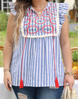 ARIYA STRIPE GEO PATTERN EMBROIDERED TASSEL FLUTTER Plus BLOUSE