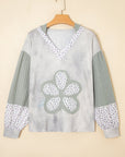 Floral Patchwork Waffle Textured V-Neck Hooded Top