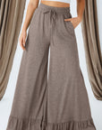 Solid Ruffle Wide Leg High Waist Pants
