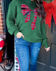 Plaid Bow Drop Shoulder Christmas Sweater