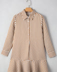 Stripe Ruffle Hem Collared Long Sleeve Shirt Mini Dress
