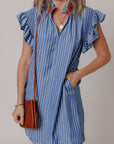 Leah Stripe Frilly Split Neck Shirred Ruffle Sleeve Dress