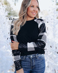 Kayla Sequin Plaid Patchwork Raglan Sleeve Top