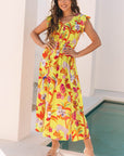 Dani Cheetah Plant Shirred Button V Neck Maxi Dress