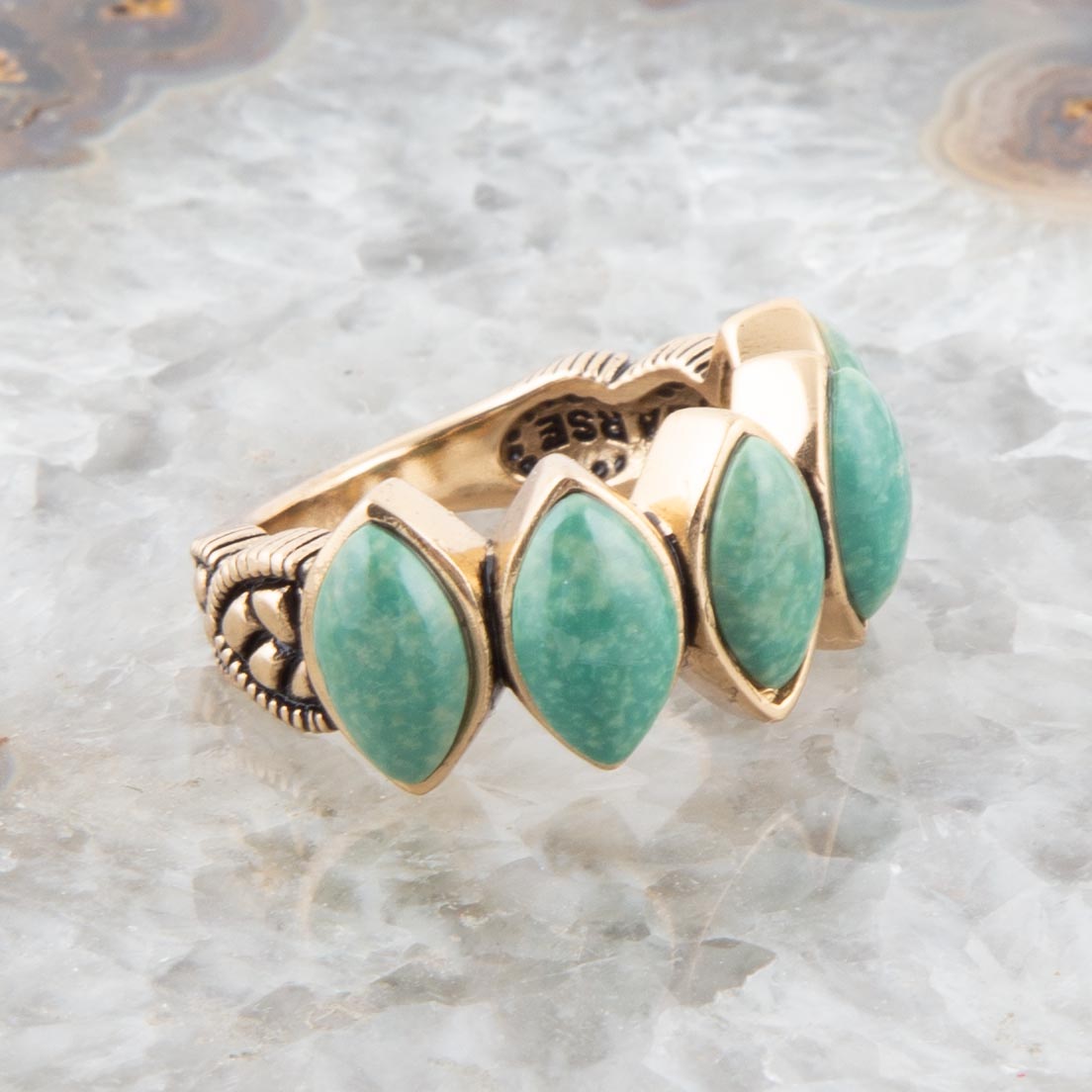 Five Stone Green Turquoise and Golden Bronze Ring