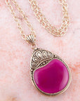 Flamenco Pink Magenta Agate Golden Pendant Necklace