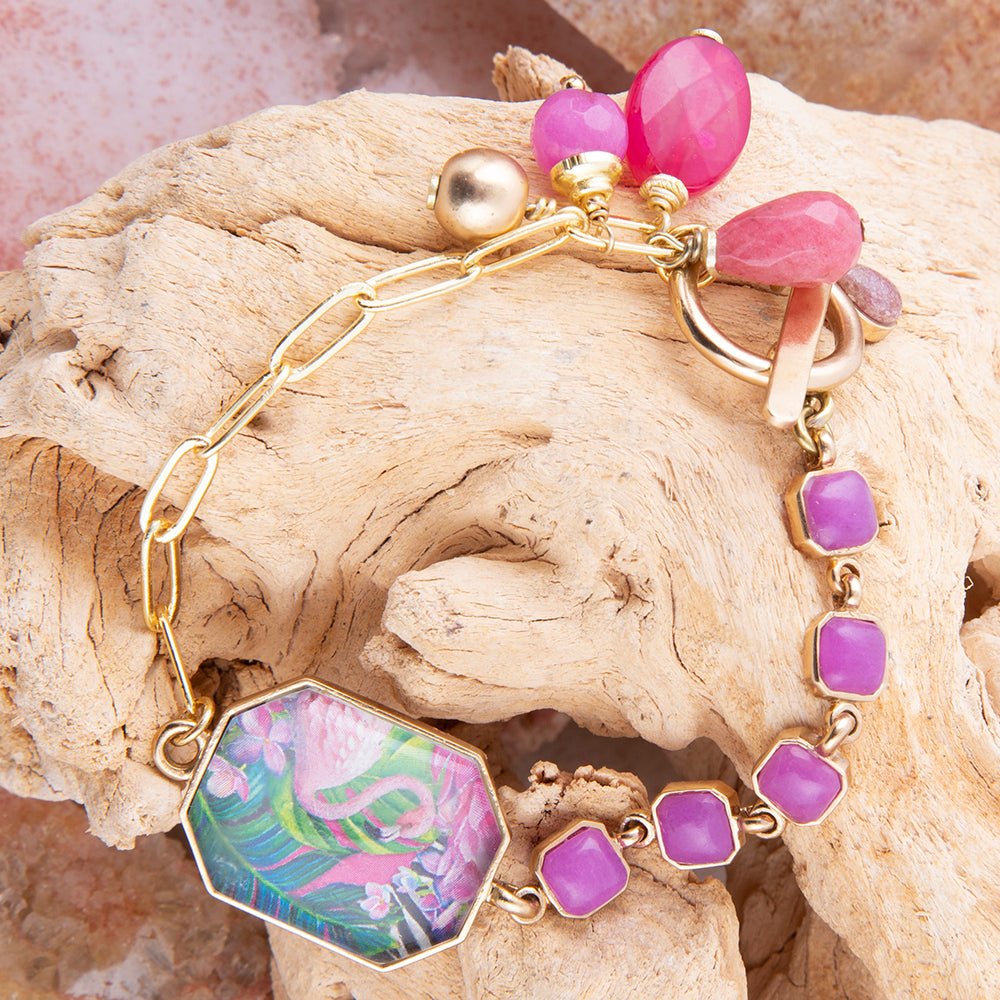 Flamingo Pink Agate Golden Link Bracelet