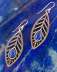 Flourished Blue Lapis Golden Feather Drop Earrings