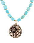 Flourished Golden Bronze Pendant Blue Turquoise Magnesite Necklace