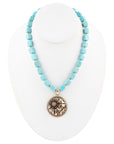 Flourished Golden Bronze Pendant Blue Turquoise Magnesite Necklace