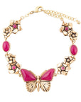 Pink Fuchsia Agate Golden Butterflies Adjustable Bracelet