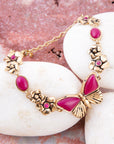 Pink Fuchsia Agate Golden Butterflies Adjustable Bracelet