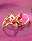 Pink Fuchsia Agate Golden Butterflies Triple Ring Set