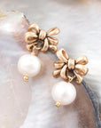 Gifted Freshwater Pearl Bow Golden Drop Earrings