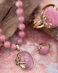 Gifted Pink Rhodonite Gold Bow Beaded Pendant Necklace