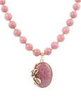 Gifted Pink Rhodonite Gold Bow Beaded Pendant Necklace