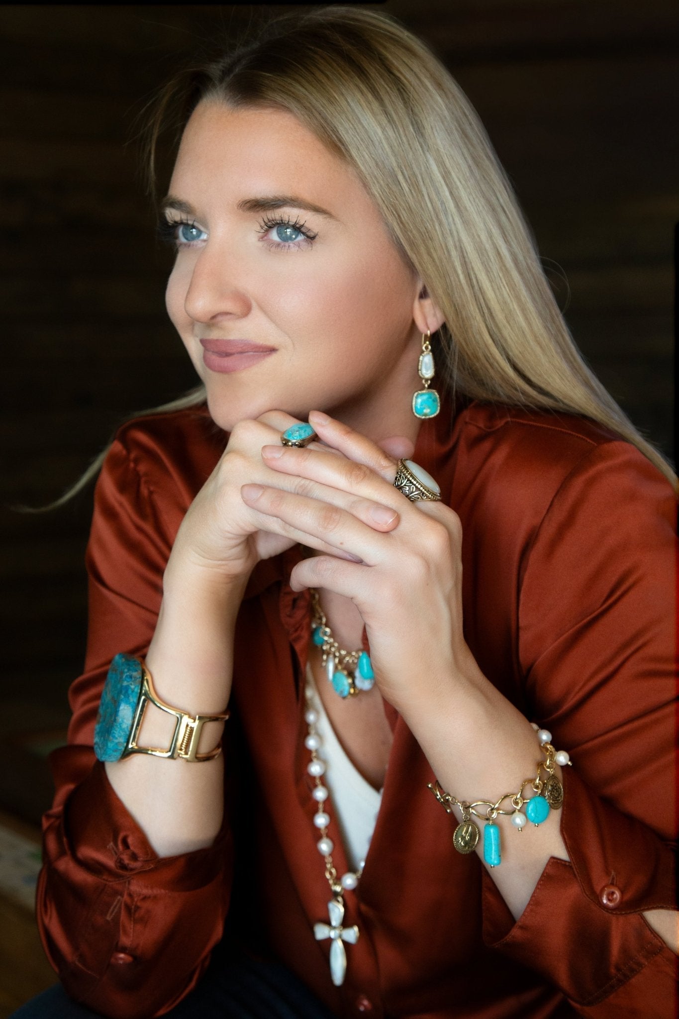 Golden Bronze Chain and White Pearl Cross Pendant Necklaces