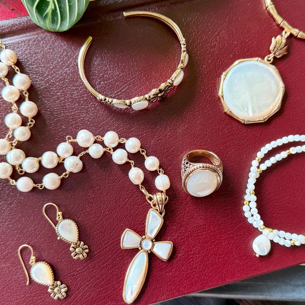 Golden Bronze Chain and White Pearl Cross Pendant Necklaces