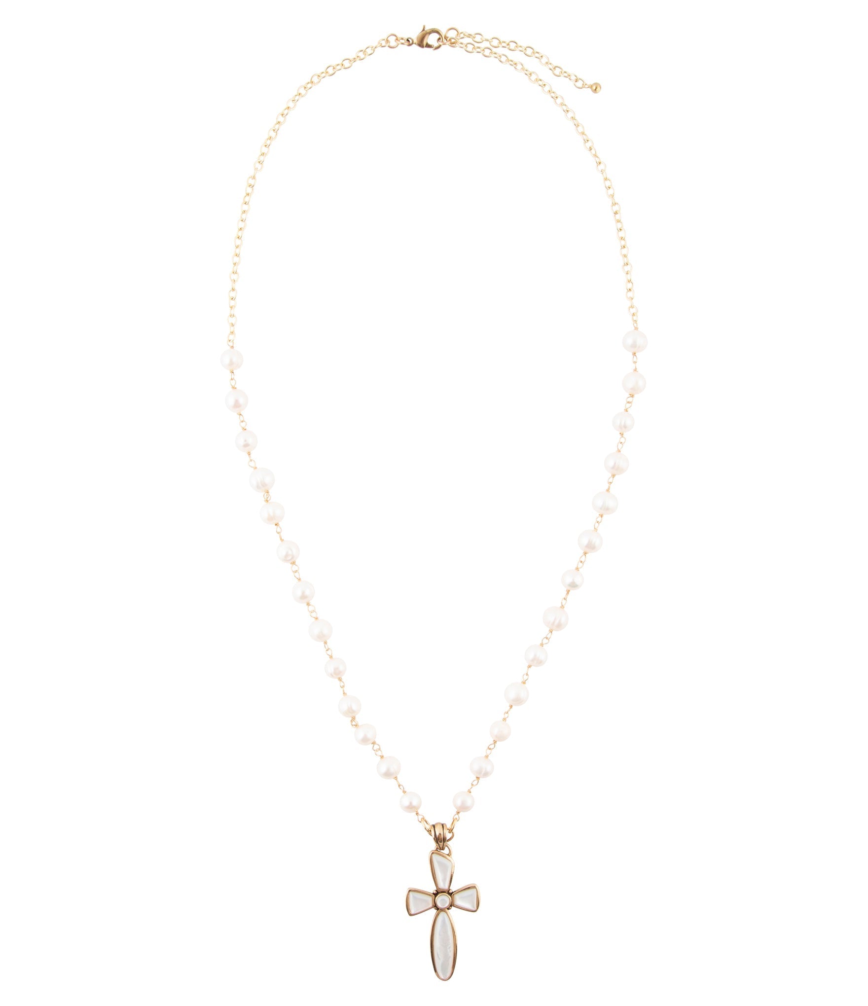 Golden Bronze Chain and White Pearl Cross Pendant Necklaces