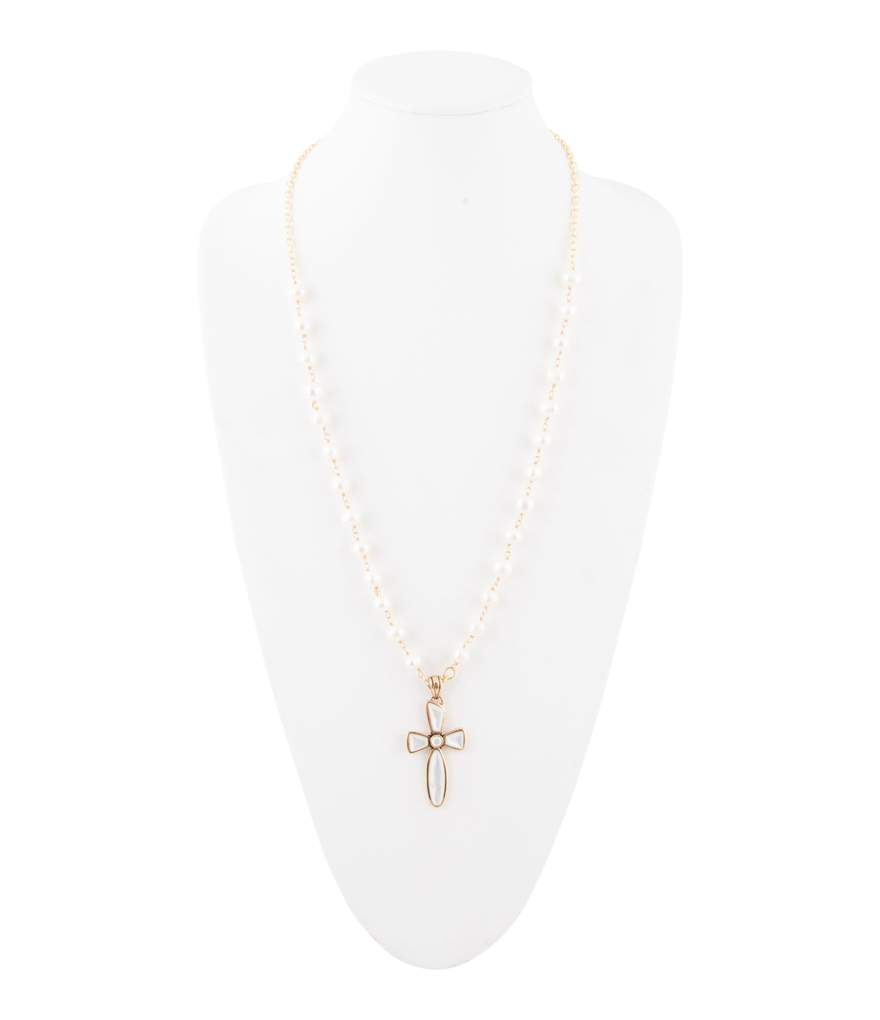 Golden Bronze Chain and White Pearl Cross Pendant Necklaces