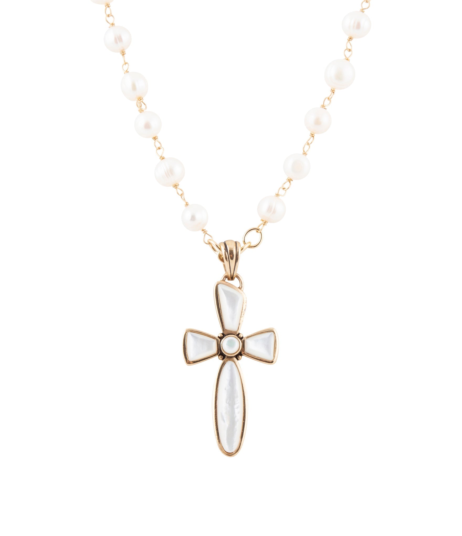Golden Bronze Chain and White Pearl Cross Pendant Necklaces